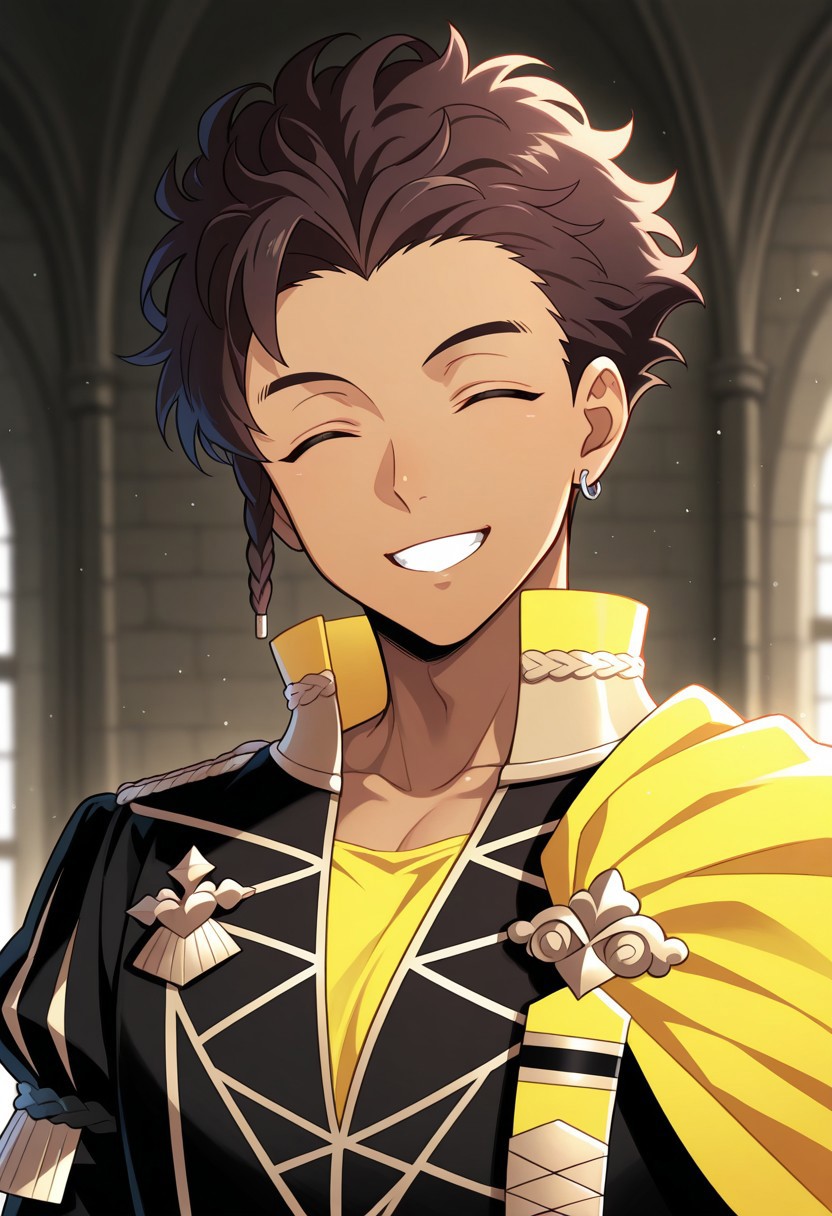 masterpiece,best quality,amazing quality, source_anime,
ClaudeVonRiegan, 1boy, male focus, solo, closed eyes, brown hair, dark-skinned male, side braid, jewelry, earrings, garreg mach monastery uniform, shirt, yellow shirt, coat, black coat, high collar, epaulettes, side cape, yellow cape, smile, portrait, grin, happy,