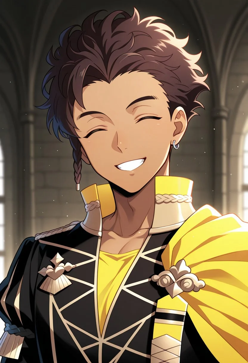 masterpiece,best quality,amazing quality, source_anime,
ClaudeVonRiegan, 1boy, male focus, solo, closed eyes, brown hair, dark-skinned male, side braid, jewelry, earrings, garreg mach monastery uniform, shirt, yellow shirt, coat, black coat, high collar, epaulettes, side cape, yellow cape, smile, portrait, grin, happy,