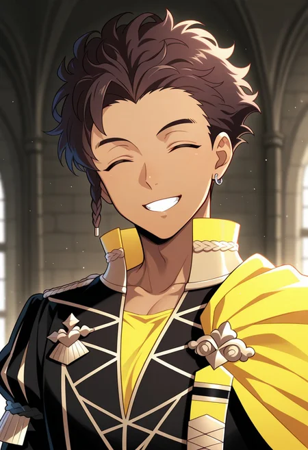 masterpiece,best quality,amazing quality, source_anime,
ClaudeVonRiegan, 1boy, male focus, solo, closed eyes, brown hair, dark-skinned male, side braid, jewelry, earrings, garreg mach monastery uniform, shirt, yellow shirt, coat, black coat, high collar, epaulettes, side cape, yellow cape, smile, portrait, grin, happy,