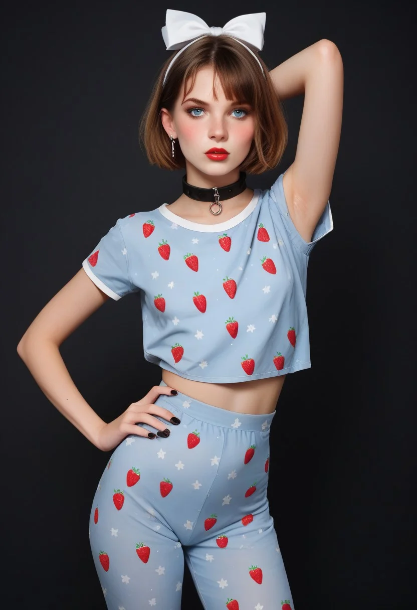 score_9, score_8_up, score_7_up, masterpiece, looking directly to camera, Expressiveh, 1dk, portrait,
detailed eyes, big blue eyes,
,
sexy skinny feminne body, round sport ass,
, narrow waist, bob haircut ,brown hair,
Lace stockings, , black nails, , ear piercing, makeup, lipstick, strands,
, submissive, thin waist, large round tits, tits out, collar,
Aroused,
sexy, blush,, eyes widen, sweat, look on viewer,
strawberry-print pajamas, hair bow, highly detailed, intricate, contrapposto, one hand on hip, one arm up, modelshoot, cowboy shot
