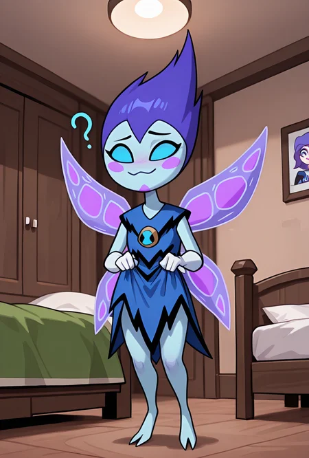 <lora:peskydust-09:1> peskydust, blue skin, fairy wings, blush stickers, 1girl, white gloves, blue eyes, blue dress, purple hair, no pupils, looking at dress, confused, holding dress, lifting skirt, looking down, inside bedroom, raised eyebrow, wooden bedroom, brown bedroom, green bed,, :3,, masterpiece, best quality, amazing quality, very aesthetic, absurdres, newest,