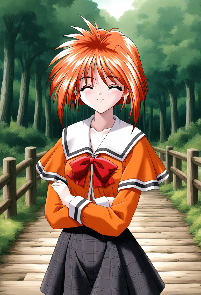 general,highres, ultra-detailed,very aesthetic,best quality ,best hands, BREAK <lora:Kawahara_Ayano_Akumu_AoiKajitsunoSange_IS:1>
Kawahara_Ayano, 1girl, solo, short hair, orange hair, small breasts, closed eyes, bangs, happy,
 orange school uniform, ribbon, white and black skirt, outdoors,  crossed arms, nature,
tree, plaid, braid, plaid skirt, bow, forest, half updo, long sleeves, day, serafuku, wood bridge,
