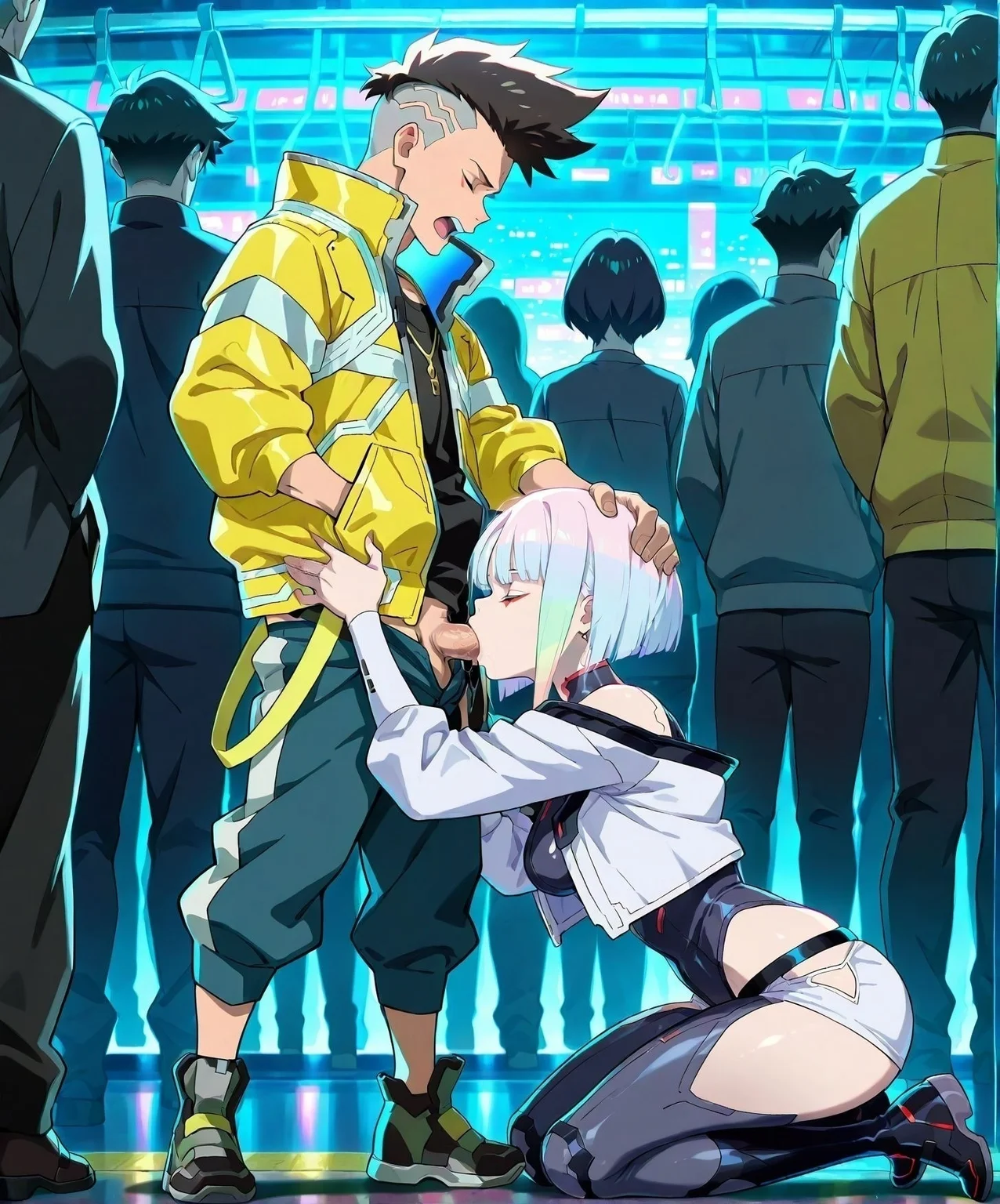 <lora:add-detail-xl:0.5>,,masterpiece,best quality,anime coloring,anime screenshot,
<lora:sex_on_train:0.5>sex_on_trainV1,
1girl, fellatio,hetero, penis, kneeling,
head grab, closed eyes,crowd,
cyberpunk edgerunners, official art, official style,
lucy \(cyberpunk\), bodysuit,
David Martinez, yellow jacket male,
20 YO, milf,