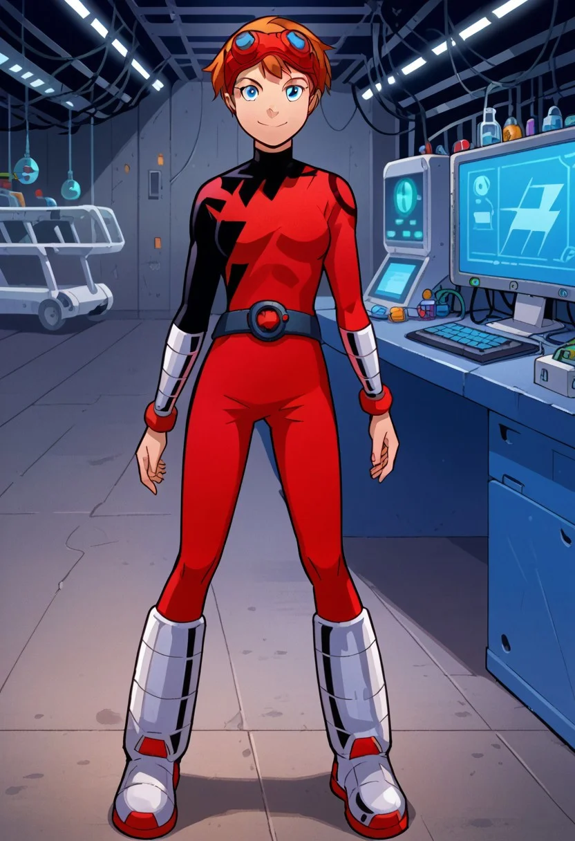 score_8, score_8_up, score_7_up, source_anime, anime screenshot, 1girl, female focus, solo, Future_Julie, red hair, short hair, goggles, goggles on head, blue eyes, turtleneck, Power Pack uniform, asymmetrical clothes, LS_logo, print bodysuit, red bodysuit, black bodysuit, bracers, metal bracers, belt, metal boots, full body, smile, looking at viewer, standing, arms at side, indoors, laboratory, computer, technology, science fiction