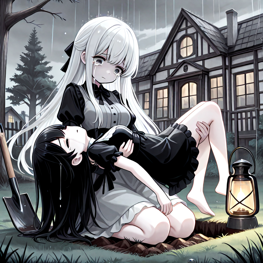 absurdres, explicit, grave digging, hand on ground, princess carry, 2girls, sleeping, carrying, crying, tears, sad, breasts, closed eyes, closed mouth, pale skin, long hair, black hair, white hair, gothic dress, bangs, tree, grass, death, corpse, victorian, house, building, oil lamp, lantern, shovel, fog, smog, grey sky, seiza, head tilt, rain, water drop, from below, low angle, ((leaning back)), <lora:girlhategravedigging_ilxl:0.8>