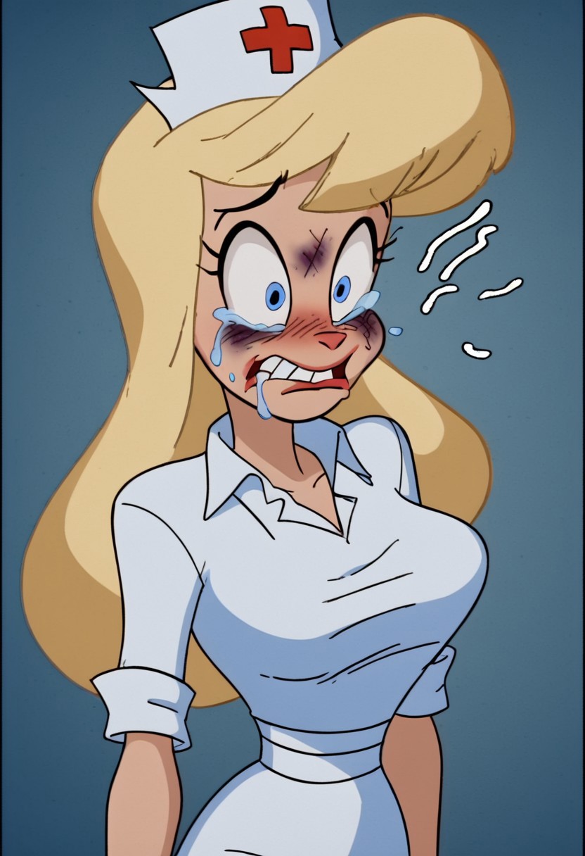 score_9, score_8_up, score_7_up, rating_questionable, zPDXL, 2d source_cartoon, (adult:1.2), facing the viewer, , horny, solo 1girl
<lora:Hello_Nurse_XL_Animaniacs:1> Heloise Nerz, 1girl, dirty messed burnt blonde  hair, blue eyes, totally burnt hair, sexy, horny, crying, scared, in love, extremely dirty white dress, hardly beaten fifty times, confused, deeply humiliated face, depressed face, black eyes, circles under eyes, beaten by ninty boxers, broken heart, under arrest, broken arms, toothless face, no tooth, smashed teeth, crazy emotion, extremely violently beaten face, ten times more extremely violently beaten face, big deep shiners on both eyes, narrow waist
<lora:Expressive_H:1>
<lora:r3nst1mpyXLP:1> r3nst1mpy,aaa