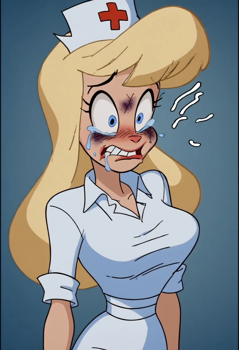 score_9, score_8_up, score_7_up, rating_questionable, zPDXL, 2d source_cartoon, (adult:1.2), facing the viewer, , horny, solo 1girl
<lora:Hello_Nurse_XL_Animaniacs:1> Heloise Nerz, 1girl, dirty messed burnt blonde hair, blue eyes, totally burnt hair, sexy, horny, crying, scared, in love, extremely dirty white dress, hardly beaten fifty times, confused, deeply humiliated face, depressed face, black eyes, circles under eyes, beaten by ninty boxers, broken heart, under arrest, broken arms, toothless face, no tooth, smashed teeth, crazy emotion, extremely violently beaten face, ten times more extremely violently beaten face, big deep shiners on both eyes, narrow waist
<lora:Expressive_H:1>
<lora:r3nst1mpyXLP:1> r3nst1mpy,aaa