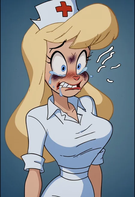 score_9, score_8_up, score_7_up, rating_questionable, zPDXL, 2d source_cartoon, (adult:1.2), facing the viewer, , horny, solo 1girl
<lora:Hello_Nurse_XL_Animaniacs:1> Heloise Nerz, 1girl, dirty messed burnt blonde hair, blue eyes, totally burnt hair, sexy, horny, crying, scared, in love, extremely dirty white dress, hardly beaten fifty times, confused, deeply humiliated face, depressed face, black eyes, circles under eyes, beaten by ninty boxers, broken heart, under arrest, broken arms, toothless face, no tooth, smashed teeth, crazy emotion, extremely violently beaten face, ten times more extremely violently beaten face, big deep shiners on both eyes, narrow waist
<lora:Expressive_H:1>
<lora:r3nst1mpyXLP:1> r3nst1mpy,aaa
