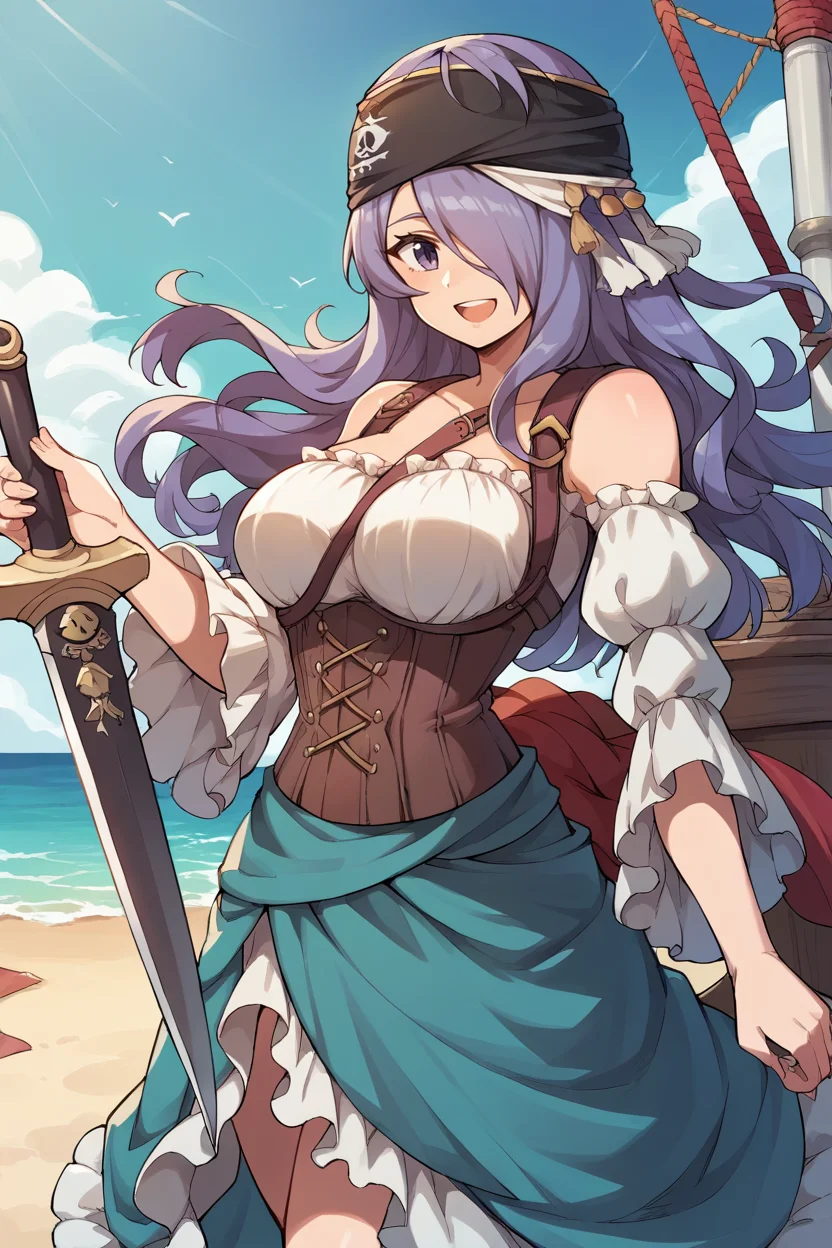 score_9, score_8_up, source_anime, 1girl, solo, <lora:camilla-pdxl-nvwls-v1-000005:1> prtCm, headband, hair over one eye, harness, frilled dress, off-shoulder dress, corset, large breasts, holding a curved sword, :D, furrowed brow, smile, open mouth, standing, docks, seaside, blue sky, pirate ship