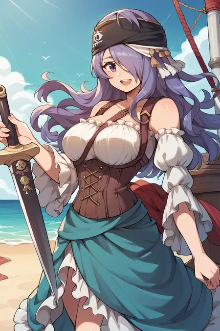 score_9, score_8_up, source_anime, 1girl, solo, <lora:camilla-pdxl-nvwls-v1-000005:1> prtCm, headband, hair over one eye, harness, frilled dress, off-shoulder dress, corset, large breasts, holding a curved sword, :D, furrowed brow, smile, open mouth, standing, docks, seaside, blue sky, pirate ship