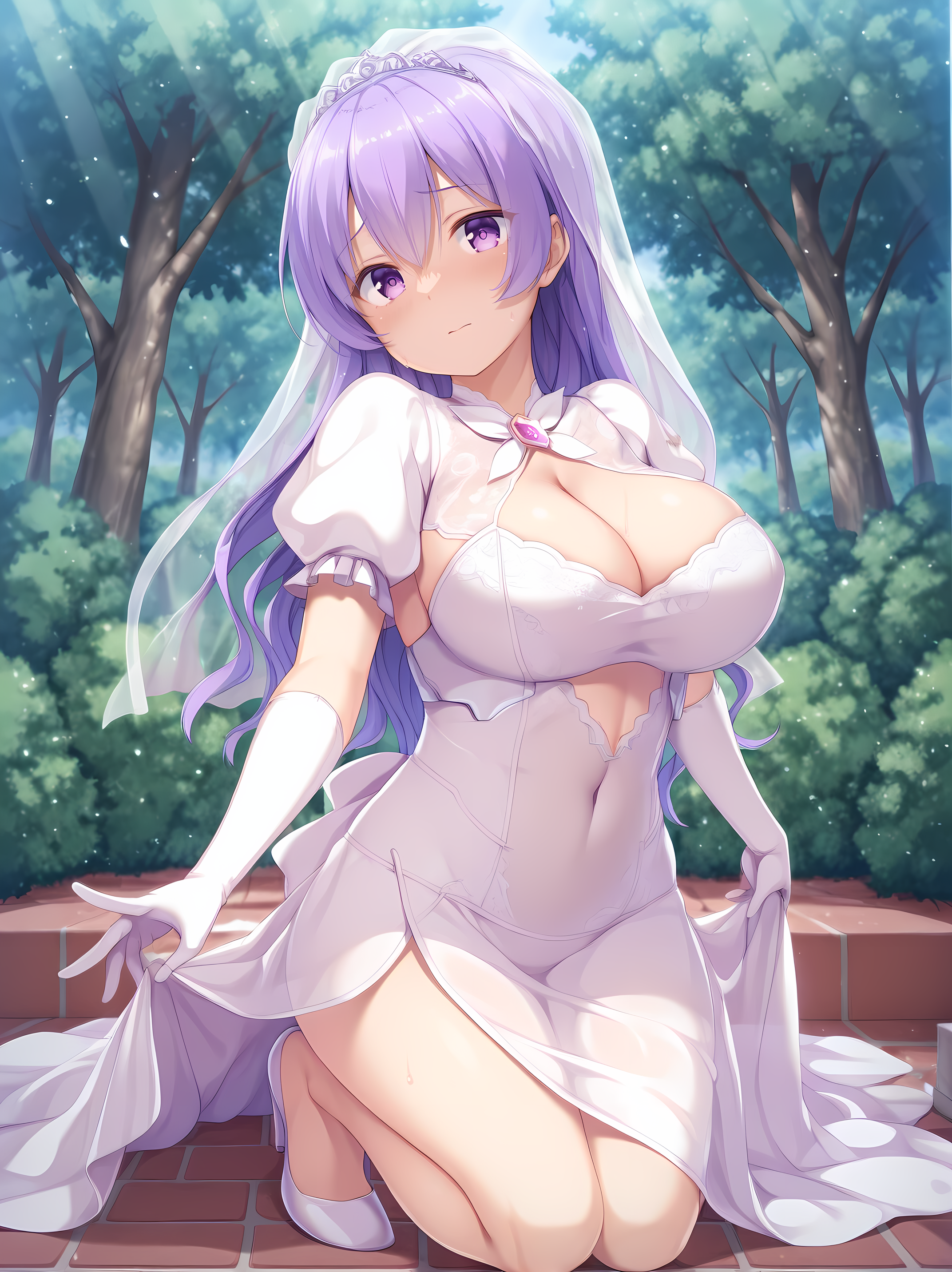 <lora:Murosaka_Natsuki_-_Yamizome_Revenger_-_Escude:1>,natsuki,large breasts,high heels,wedding dress,bride,see-through clothes,covered navel,cleavage,outdoors,dappled sunlight,, masterpiece,best quality,amazing quality,