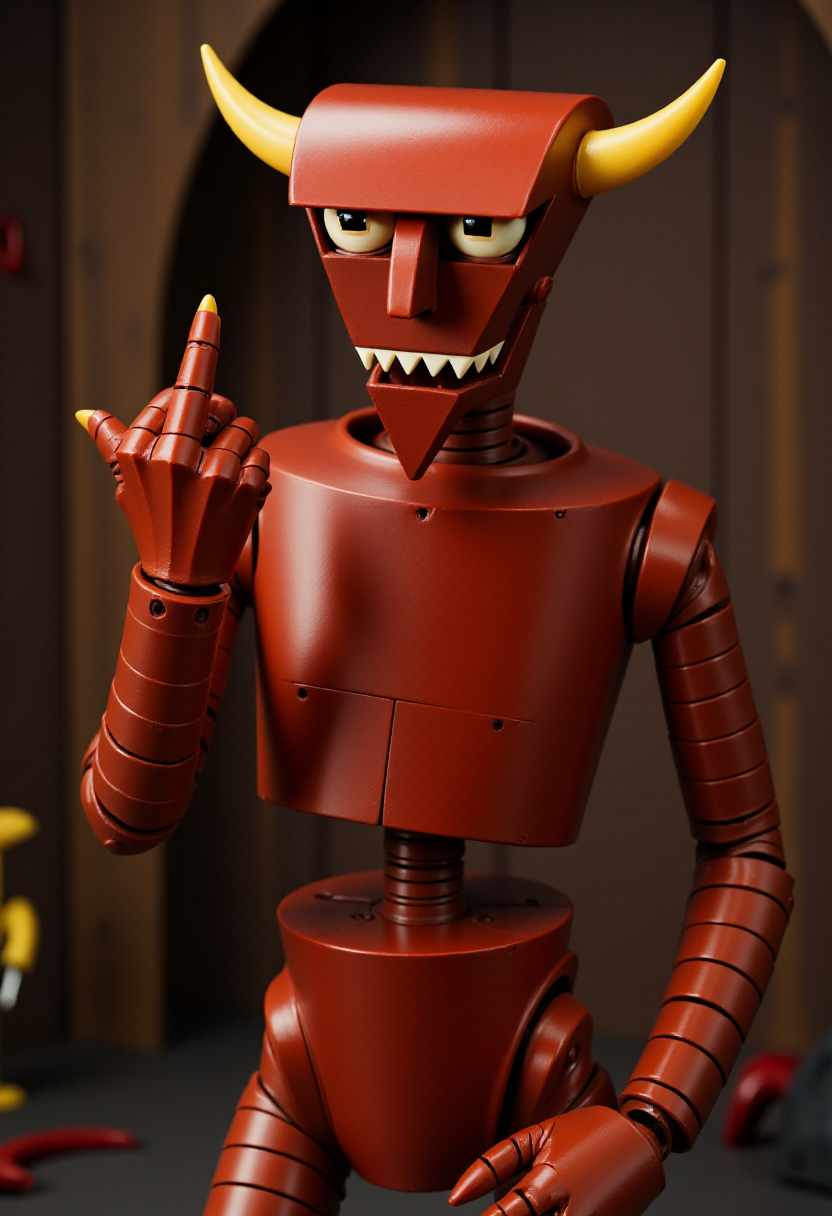 <lora:Beelzebot_Robot_Devil_-_Futurama_FLUX-000018:0.9> <lora:MiddleFingerV4_rank4_bf16:0.8>
Realistic photo of a red robot named beelzebot looking angry, giving  Middle Finger.