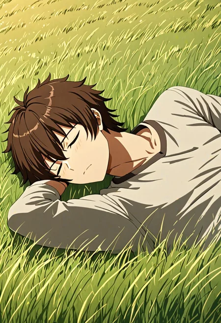 high resolution, solo, best quality, 1Boy, Seiya Kanie, Brownish Hair, sleep, nap, grass, meadow hills, wind breeze, OverallDetail