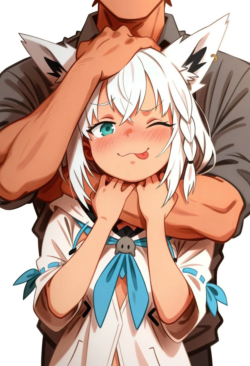 masterpiece, best quality, khyle., 
ch0kh0ld, 1girl, 1boy, solo focus,
strangling, hug from behind, hand on another's head,
upper body, head out of frame, 
shirakami fubuki,
looking at viewer, nose blush, :p, peanut mouth, hands up, one eye closed
simple background, white background,