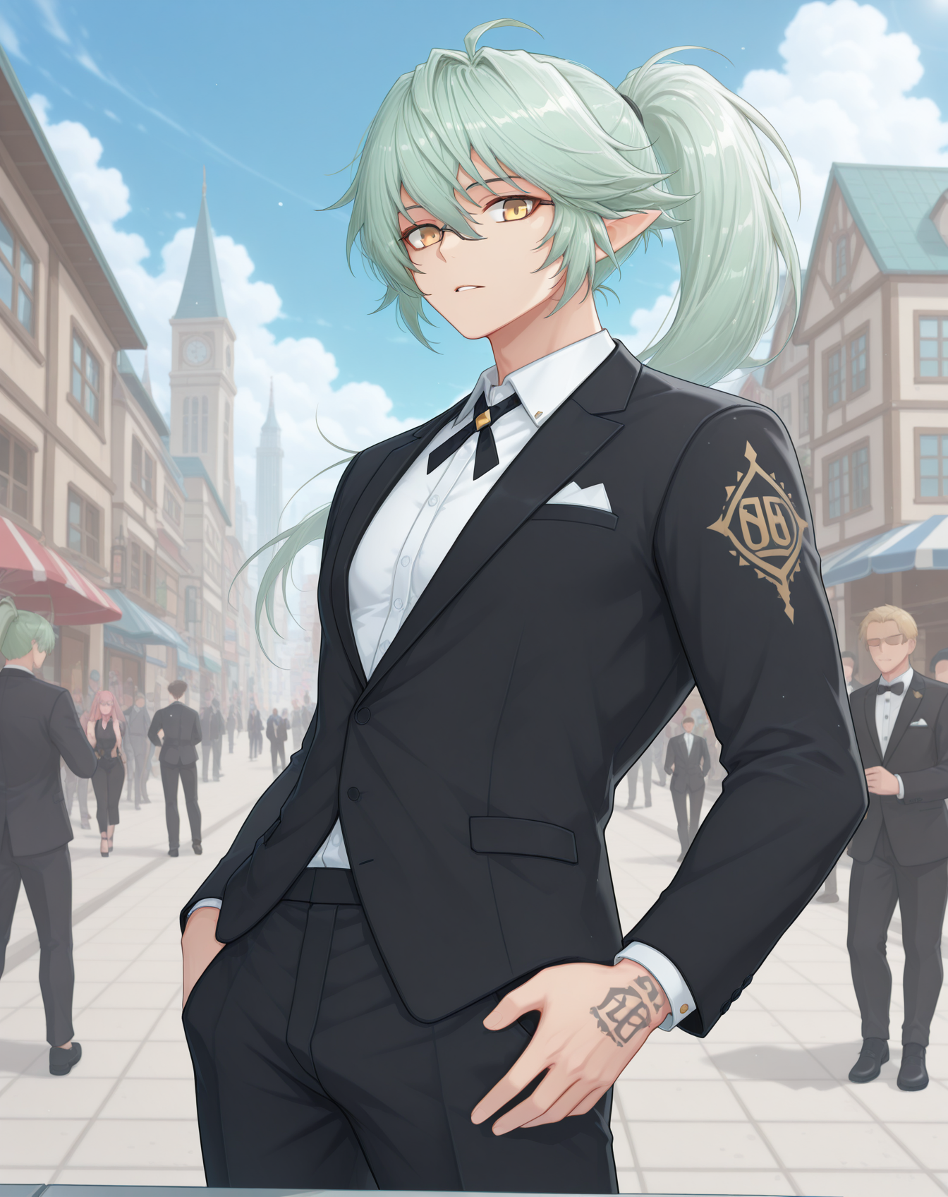 masterpiece,best quality,amazing quality, newest, very aesthetic, absurdres,
1boy, solo, yaoi, male focus, looking at viewer, cowboy shot, standing,
<lora:Zero_Summer_ilxl:1>  zerotsummer, pointy ears, long hair, ponytail, green hair, arm tattoo, yellow eyes, 
formal, tuxedo, neck ribbon, white shirt, collared shirt, black pants, shoes, black footwear, suit jacket, black jacket,
outdoors, day, blue sky, building, people,