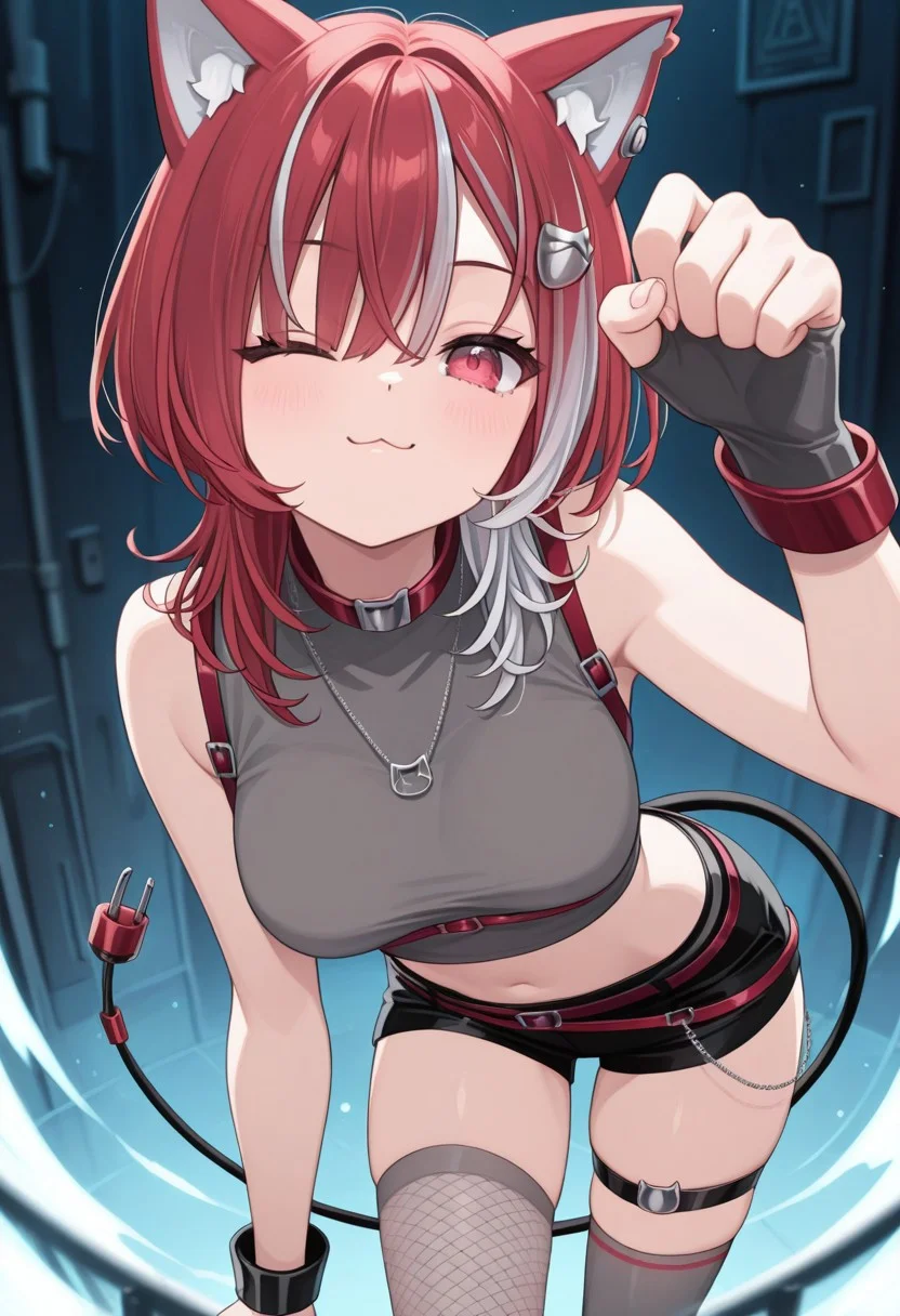 masterpiece, best quality,
lyko lianna, 1girl, red hair, streaked hair, medium hair, wolf cut, hair ornament, red eyes, cat ears, earrings, tail, medium breasts, collar, necklace, grey crop top, chest belt, red belt, black shorts, fishnet thighhighs, grey thighhighs, asymmetrical thighhighs, single fingerless glove, thigh strap, paw pose, foreshortening, looking at viewer, :3, one eye closed,