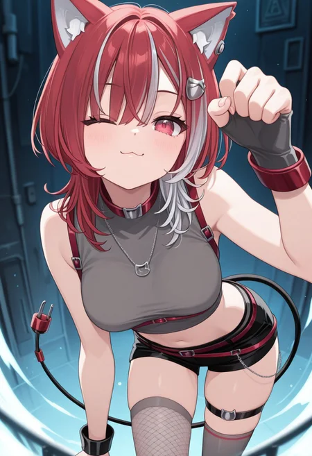 masterpiece, best quality,
lyko lianna, 1girl, red hair, streaked hair, medium hair, wolf cut, hair ornament, red eyes, cat ears, earrings, tail, medium breasts, collar, necklace, grey crop top, chest belt, red belt, black shorts, fishnet thighhighs, grey thighhighs, asymmetrical thighhighs, single fingerless glove, thigh strap, paw pose, foreshortening, looking at viewer, :3, one eye closed,