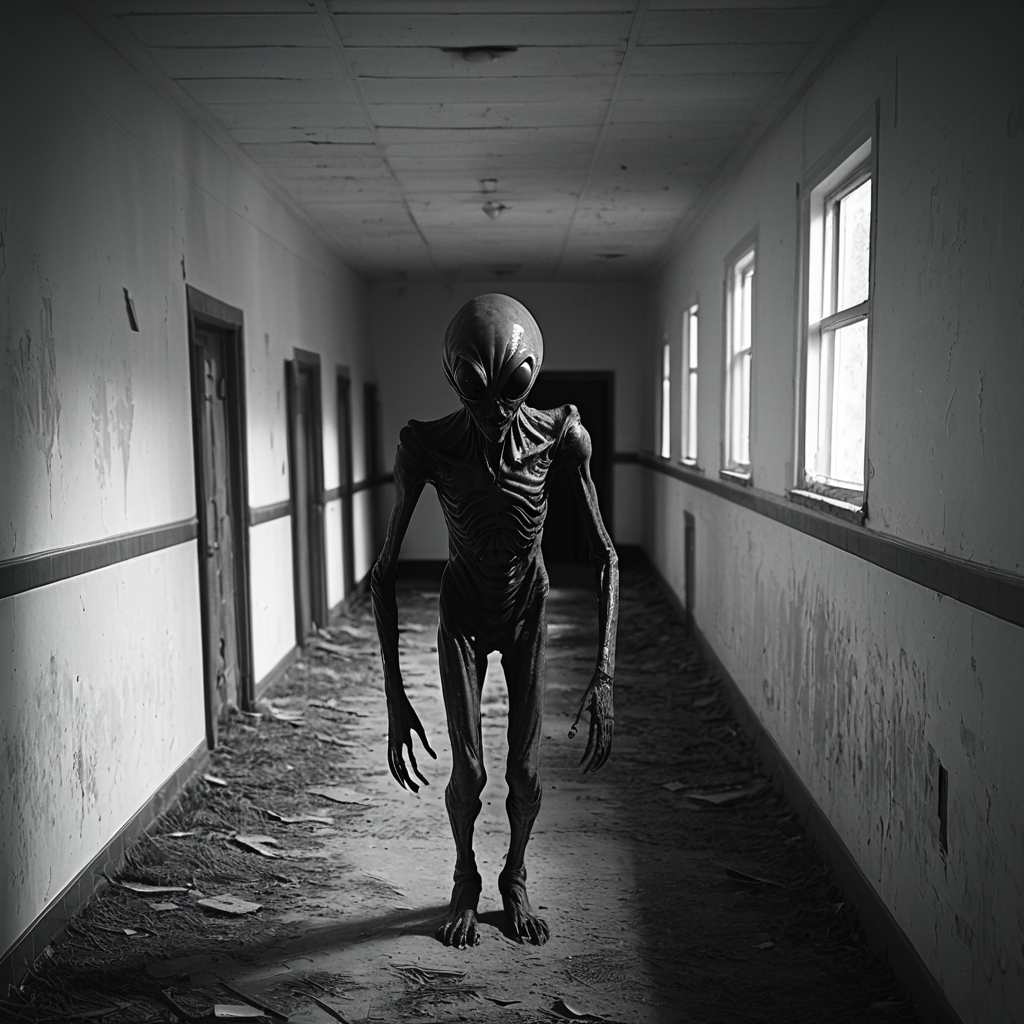 horrorcctvlora, abandoned school, horror (theme), alien, monochrome, hiding