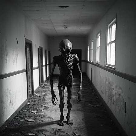 horrorcctvlora, abandoned school, horror (theme), alien, monochrome, hiding