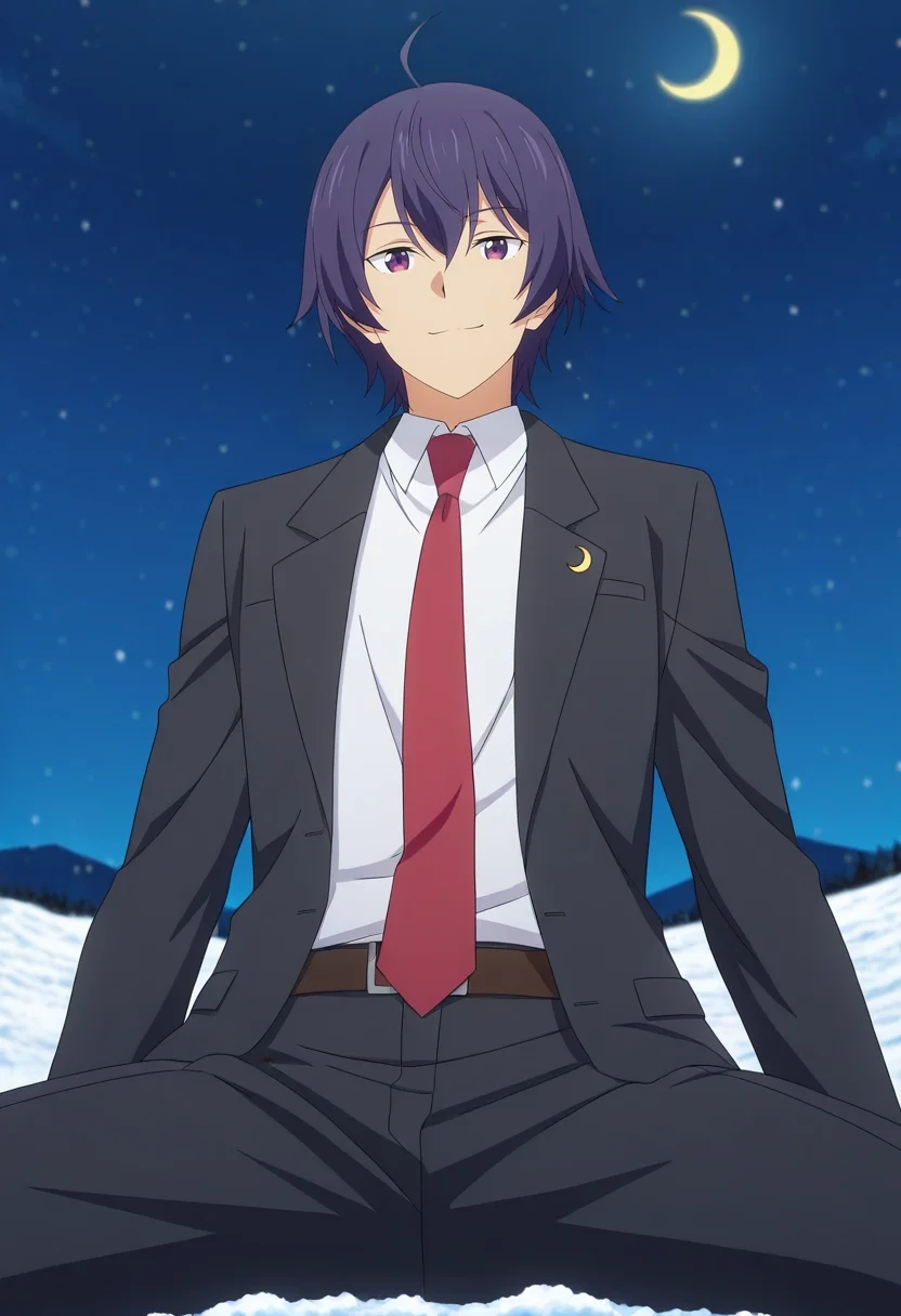 masterpiece, best quality, anime screencap, official style, anime coloring, cowboy shot, 1boy, solo, male focus, <lora:shin_wolford_ilxl:0.92>, shin_wolford, purple hair, purple eyes, short hair, ahoge, hair between eyes, school uniform, white shirt, collared shirt, red necktie, formal, suit, from below, snowy field, night, crescent moon, spread legs, seductive smile, santa claus costume