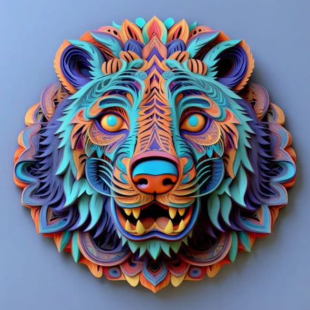 Mandala style, 3d mandala pattern, tiger head, highly stylized pattern, colored
