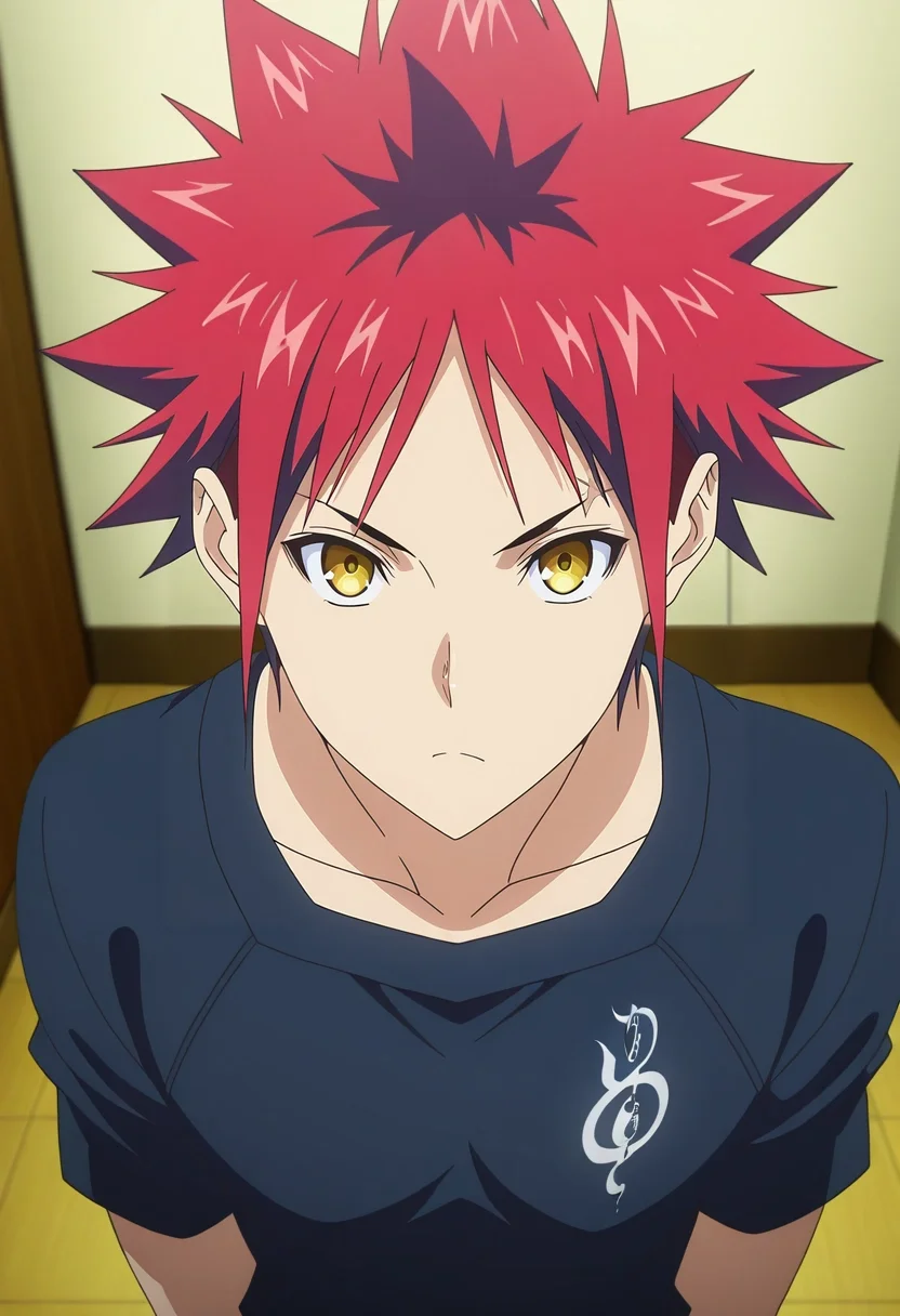 masterpiece, best quality, , anime screencap, anime coloring, , looking at viewer, 1boy, solo, male focus, <lora:souma_yukihira_ilxl:0.94>, souma_yukihira, red hair, yellow eyes, spiked hair, , ,