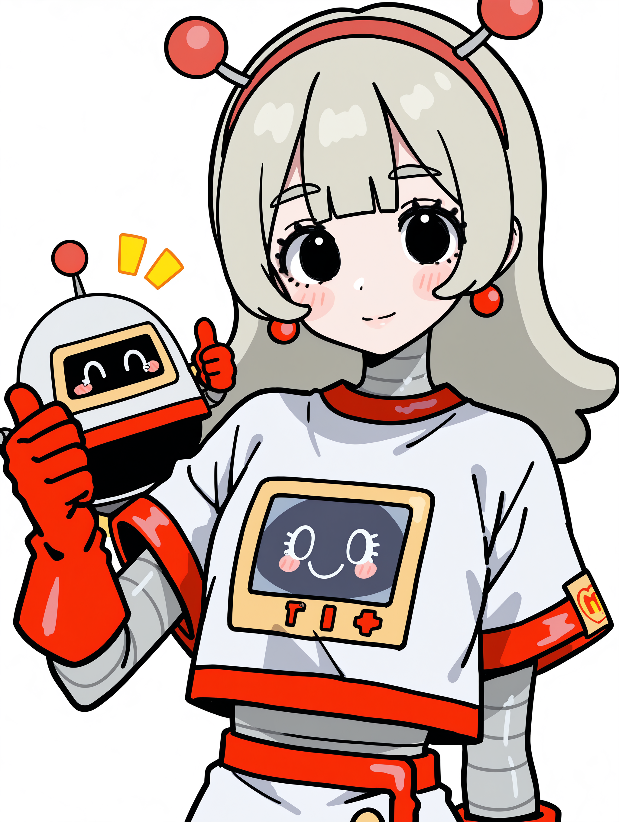 (masterpiece, best quality:1.2), amazing quality, very aesthetic, absurdres, perfect detail,
simple background, white background, logo, set500, upper body,
holding, mcrobot, light smile, blush stickers, looking at viewer, thumbs up,
mcsetsuko, android, red_hairband, antennae, earrings, jewelry, white_shirt, print_shirt, short_sleeves, crop_top, white_skirt, red_trim, red_gloves,
<lora:XL_Ill_mcdo-set500-t1:0.9>