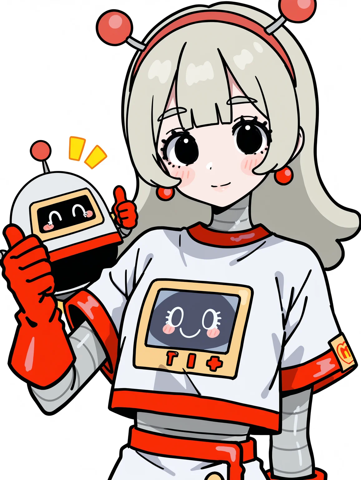 (masterpiece, best quality:1.2), amazing quality, very aesthetic, absurdres, perfect detail,
simple background, white background, logo, set500, upper body,
holding, mcrobot, light smile, blush stickers, looking at viewer, thumbs up,
mcsetsuko, android, red_hairband, antennae, earrings, jewelry, white_shirt, print_shirt, short_sleeves, crop_top, white_skirt, red_trim, red_gloves,
<lora:XL_Ill_mcdo-set500-t1:0.9>