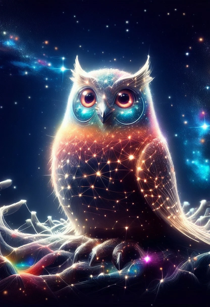 a cute chibby chicken mixed with a owl with big rainbow eyes made star constellations, it wears a cool rainbow bandana, very detailed, 4k, sharp, eating rainbow worms, novuschroma51 style, (starry night), starry_morph