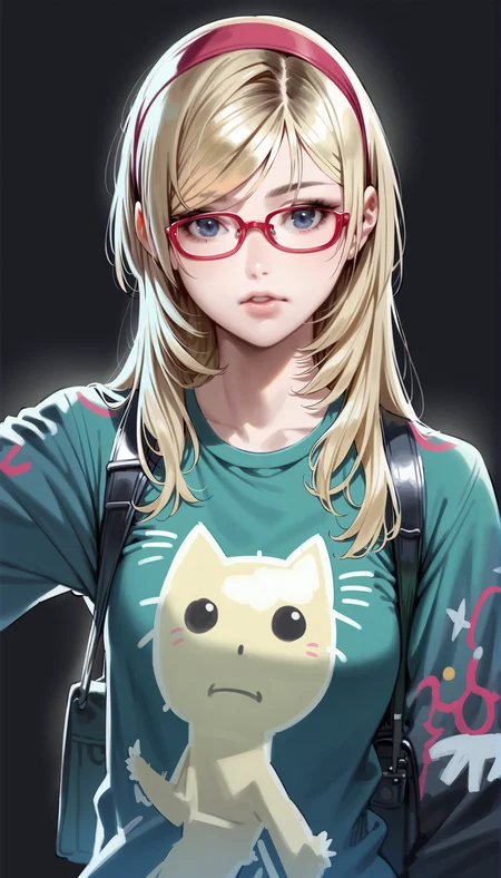 score_9,score_8_up,
(bloom:1.2),
<lora:leanne:1>,leanne,
1girl,solo,blonde hair,long hair,bangs,red hairband with white accents,dark blue neck ribbon,blue eyes,looking at viewer,red glasses,facing viewer,parted lips,green long sleeve shirt with patterns and black sleeves,black skirt,black belt,upper body,black background,