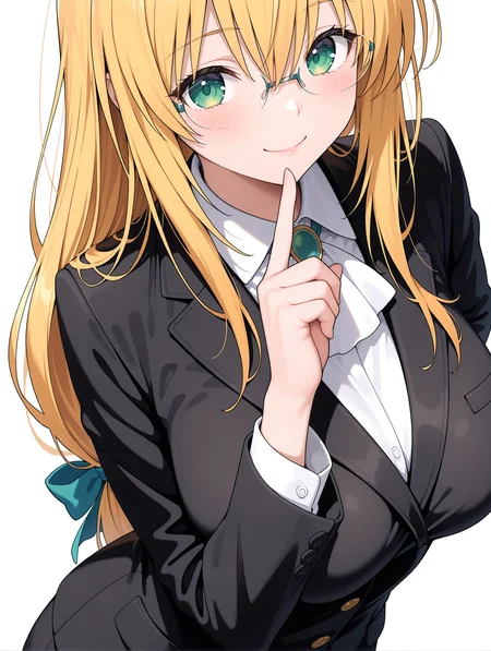 masterpiece,best quality,newest,
1girl,solo,
<lora:Tearju_ilxl_v1.1:1>,Tearju,blonde hair,green eyes,low-tied long hair,blue hair bow,t_glasses,rimless glasses,t_clothes,white collared shirt,black jacket,
<lora:Fixhands_anime_bdsqlsz_V1:1>,light_blush,looking_at_viewer,white_background,simple_background,smile,face_focus,standing,upper_body,profile,hand to own mouth,
