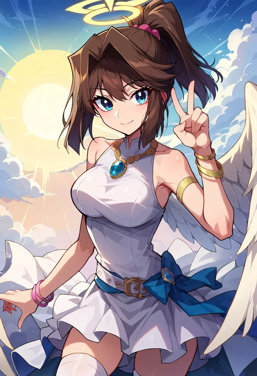score_9, score_8_up, score_7_up, highest quality, masterpiece, source_anime, masterpiece, high quality, perfect face, perfect body, eye reflection,
anzumazaki, <lora:anzu-mazaki-ponyxl-lora-nochekaiser:1> solo, 1girl, 1 girl,
anzu mazaki, blue eyes, brown hair, short hair,
bare shoulders, bracelet, jewelry, necklace, ponytail, bare shoulders, belt, white thighhighs, bracelet, jewelry, , necklace, ponytail, sleeveless, thighhighs, white shirt, white skirt, alternate costume, angel costume, halo, white clothing, shining clothing, radiating clothing, radiant clothing, radiant aura, angel wings,
faint smile, peaceful smile, peace expression, sublime posture, sublime pose,
Radiant dawn, heaven, sky, clouds, sun shine, sunrays