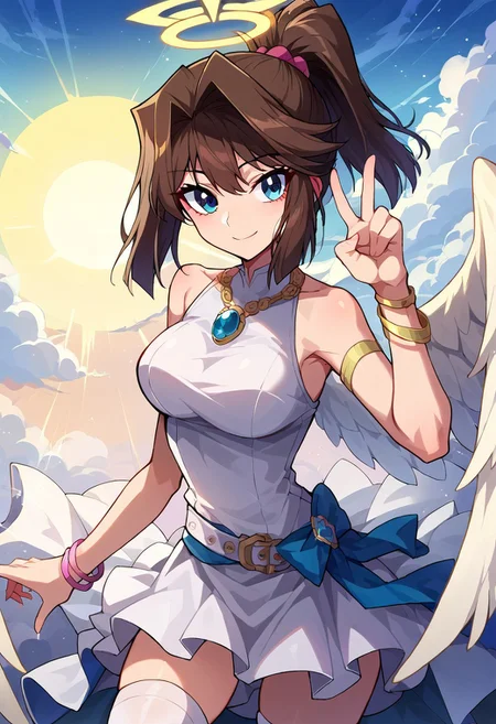 score_9, score_8_up, score_7_up, highest quality, masterpiece, source_anime, masterpiece, high quality, perfect face, perfect body, eye reflection,
anzumazaki, <lora:anzu-mazaki-ponyxl-lora-nochekaiser:1> solo, 1girl, 1 girl,
anzu mazaki, blue eyes, brown hair, short hair,
bare shoulders, bracelet, jewelry, necklace, ponytail,  bare shoulders, belt, white thighhighs, bracelet, jewelry, , necklace, ponytail, sleeveless, thighhighs, white shirt, white skirt, alternate costume, angel costume, halo, white clothing, shining clothing, radiating clothing, radiant clothing, radiant aura, angel wings, 
faint smile, peaceful smile, peace expression, sublime posture, sublime pose,
Radiant dawn, heaven, sky, clouds, sun shine, sunrays
