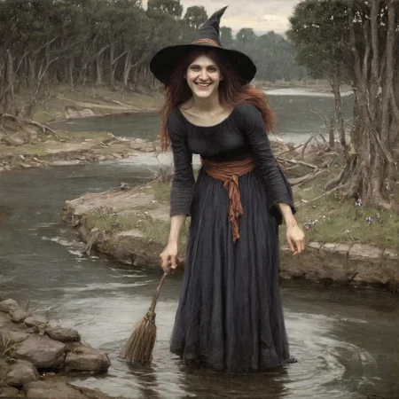 Waterhouse painting of smiling witch woman at river <lora:Waterhouse_painting_style:1>