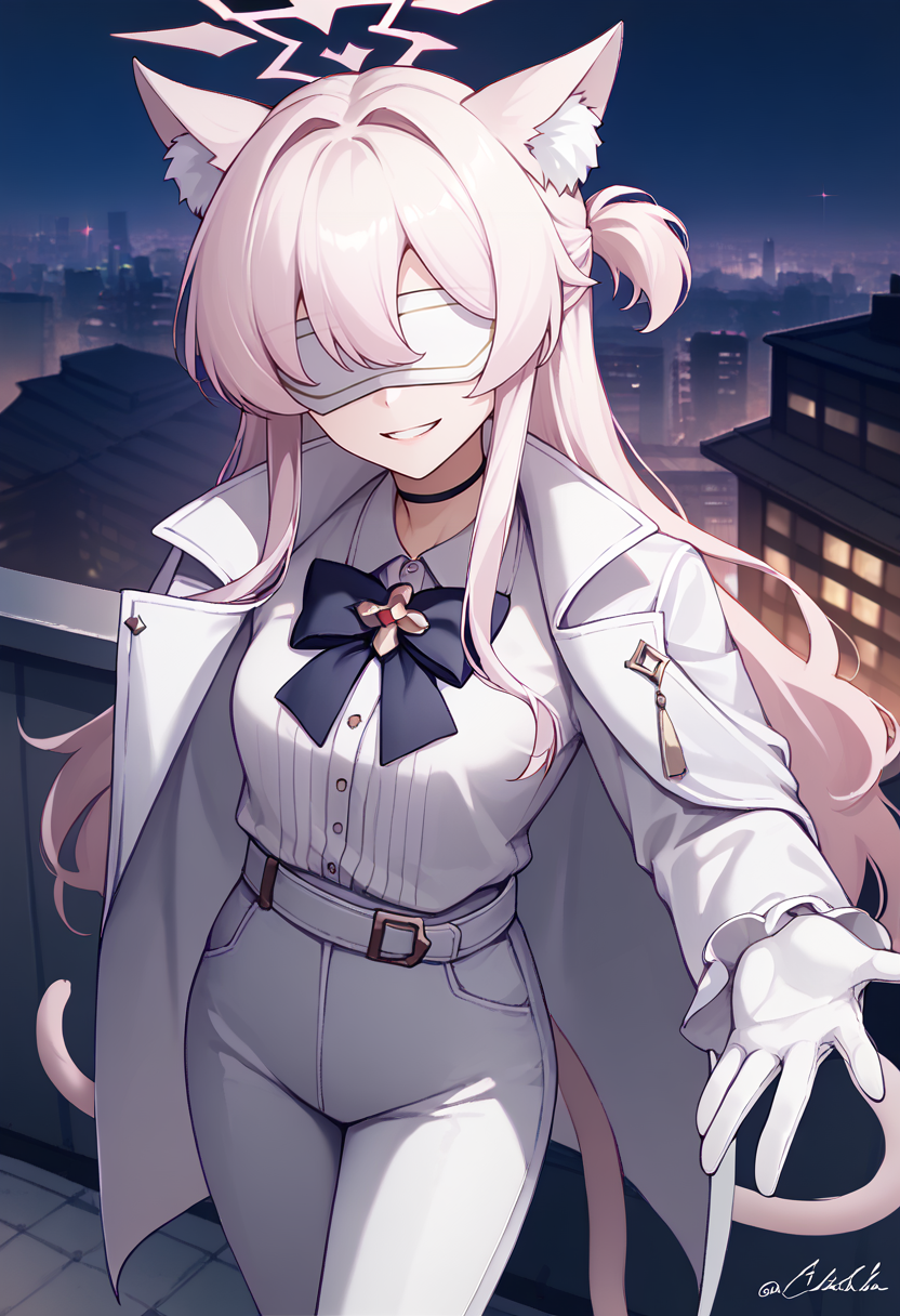 score_9, score_8_up, score_7_up, solo, 1girl, akira kiyosumi, grin, looking at viewer, standing, outstretched arm, white hair, animal ears, animal ear fluff, pink halo, white mask, eye mask, covered eyes, white coat, coat on shoulders, white shirt, collared shirt, shirt tucked in, black bowtie, long sleeves, white gloves, white pants, white belt, black choker, cat tail, night, outdoors, rooftop, cityscape <lora:ba_kiyosumiakira_ponyXL:1>