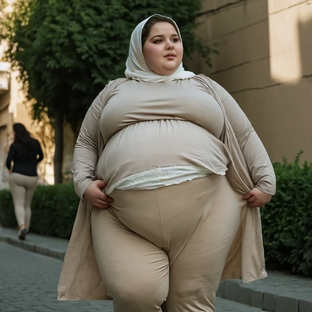 cinematic photo of huge obese girl, heavily pregnant, walking proudly, relaxed expression, 18 years old, hijab, cute fat face, natural playful body pose, powerful young woman, wearing beige leggings over a diaper, bulky diaper stretching the fabric of her leggings, huge massive thighs, huge round pregnancy bump sticking out, plus size bbw Tehran urban setting Candid photo Film grain Intricate play of lights and shadows