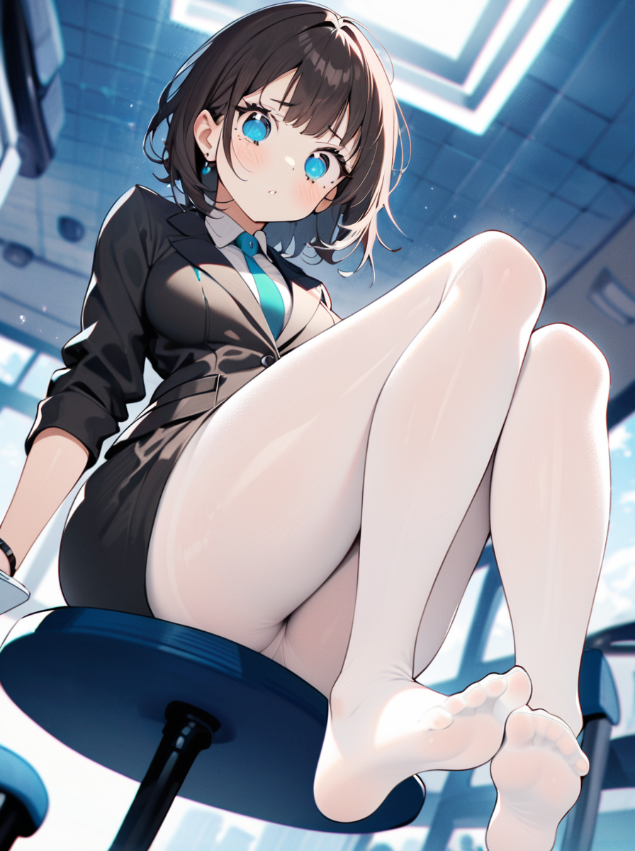 masterpiece, best quality, <lora:style28-xl-a3.1:1>,((perfect female body)),looking at viewer, beautifully detailed background, ZIP2D,1girl, curvy,feet,full body,disdain,contempt,white pantyhose,sitting,office lady,from below,panorama,cinematic_angle,
