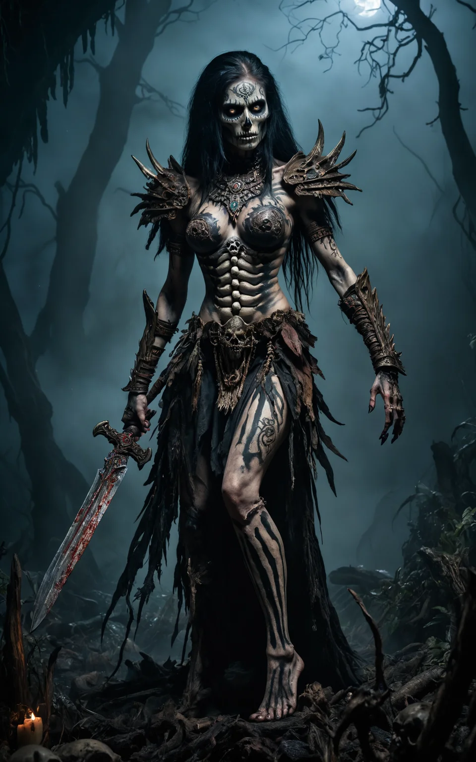 Hyperrealistic, horror theme, rotting undead Amazoness warrior with skeletal makeup, very tall and muscular, tribal tattoo, decaying beauty, high detail, dynamic composition, intricate textures, fierce expression, in action pose, dark surrounding, low light, nighttime setting, realistic shadows, ethereal, flowing hair, strong and decayed, wearing skeletal armor, jungle background, confident and menacing, ultra-quality, expressive eyes, detailed skeletal makeup, thick fog, light particles shining from the moonlight, horror style, eerie atmosphere, jumpscare element, ghostly apparitions, rotting flesh, menacing