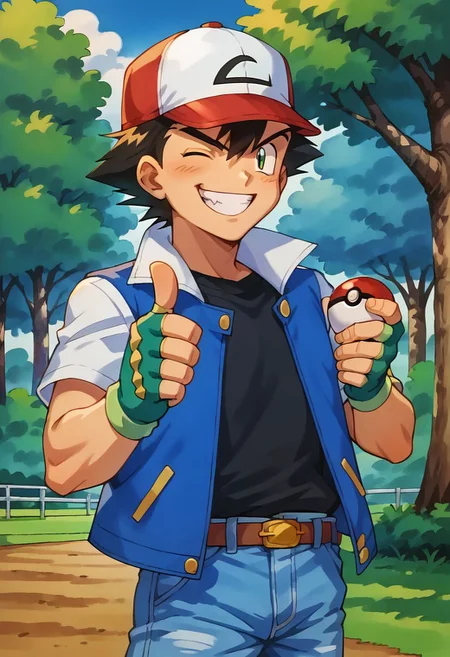 score_9, score_8_up, score_7_up, score_6_up, source_anime,
1boy, solo, ash_kanto, baseball cap, jacket, black shirt, fingerless gloves, denim pants, looking at viewer,
gangstersb, thumbs up, one eye closed, grin, holding poke ball, portrait, torso crop,
outdoors, park, grass, trees,
ken sugimori, watercolor,
masterpiece, highly detailed,