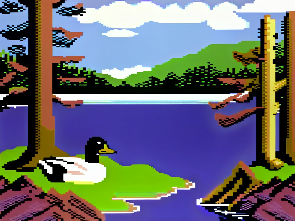 beautiful detailed scenery,lake, forest in the background, blue sky, clouds, a duck,64gr4ph1cs style, pixel art,8-bit <lora:C64XL-000005:1.0>
