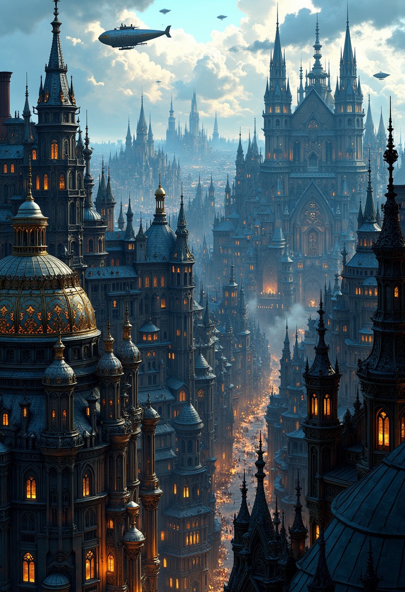 depicting a sprawling, fantastical cityscape with a steampunk aesthetic. The layout is a wide panoramic view showcasing a dense array of intricately designed buildings with pointed spires, domes, and elaborate architectural details. The structures are predominantly dark with hints of blue and bronze, creating a moody atmosphere. In the sky, several airships float among the clouds, adding to the steampunk theme. The city is bathed in a soft, diffused light, suggesting either dawn or dusk, with a warm glow emanating from windows and streetlights. Smoke rises from chimneys, contributing to the industrial feel. The foreground features a large, ornate dome with intricate patterns, while the background reveals a vast city stretching into the distance, with towering buildings silhouetted against the sky. The overall scene is rich in detail, evoking a sense of wonder and adventure.