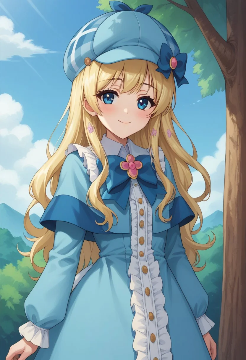 score_9, score_8_up, score_7_up, source_anime, highly detailed,
cordeliaglauca, 1girl, solo, blonde hair, long hair, hat, dress, blue eyes,
smile, looking at viewer, blue dress, standing,
blue headwear, frills, long sleeves, closed mouth, bow,
deerstalker, bangs, blush, frilled dress, upper body
outdoor, sky, tree