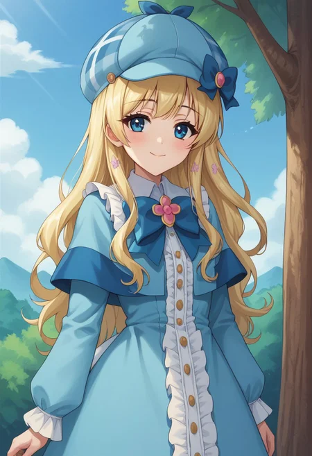 score_9, score_8_up, score_7_up, source_anime, highly detailed,
cordeliaglauca, 1girl, solo, blonde hair, long hair, hat, dress, blue eyes,
smile, looking at viewer, blue dress, standing,
blue headwear, frills, long sleeves, closed mouth, bow,
deerstalker, bangs, blush, frilled dress, upper body
outdoor, sky, tree