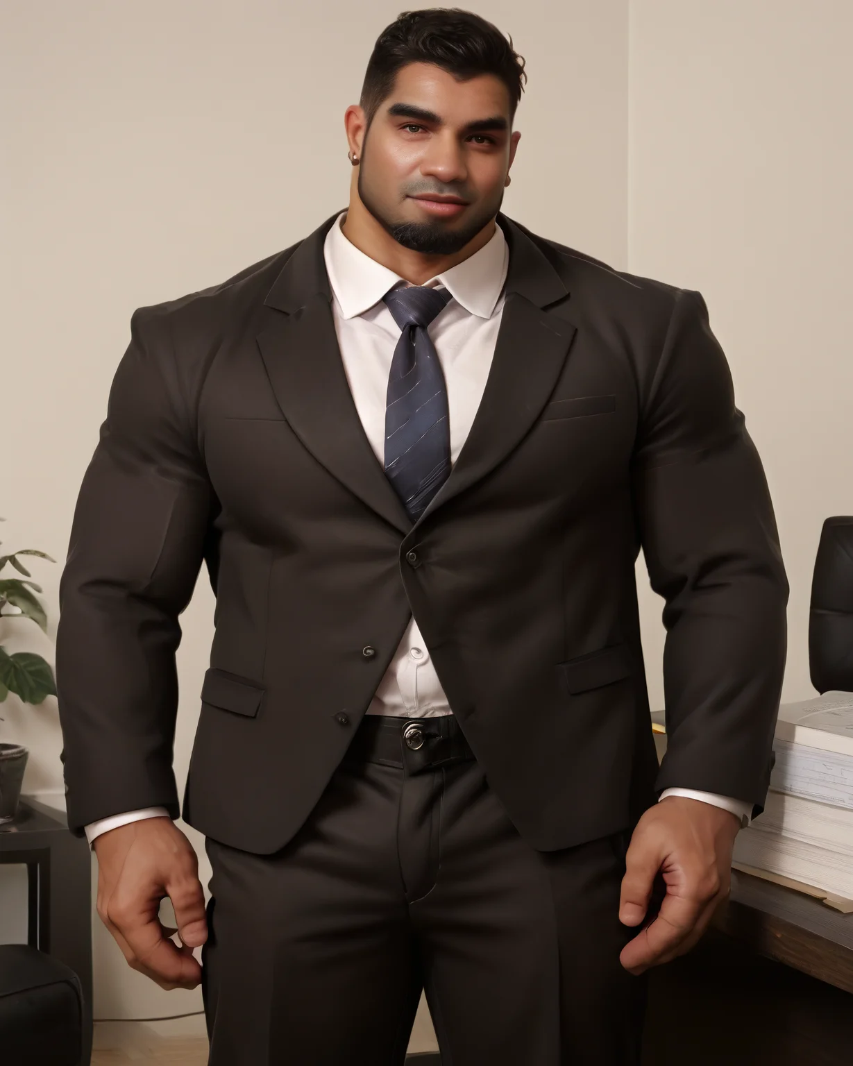<lora:Dom_Santiago_PonyXL-10:0.9> dom_santiago, dark skin, muscular, beard, suit, coat formal, tie, long pants, office, indoor, daytime, score_9, score_8_up, score_7_up, score_6_up,