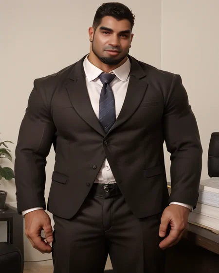 <lora:Dom_Santiago_PonyXL-10:0.9> dom_santiago, dark skin, muscular, beard, suit, coat formal, tie, long pants, office, indoor, daytime, score_9, score_8_up, score_7_up, score_6_up,
