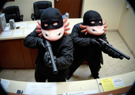 top down grainy security footage of 2 anthropomorphized axolotls dressed as bank robbers aiming Model870 pump action shotguns, they wear black ski masks that cut outs for their pink frilly gills and round black eyes, they are dressed in black clothes and behind them is a desk of a bank teller,, axolotl<lora:Model870-18.safetensors:1.0:1.0> <lora:Axomodel_Flux_V1.1.safetensors:1:1>