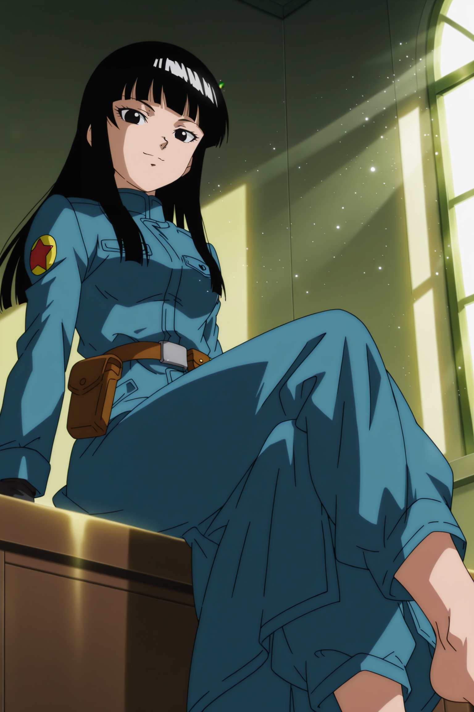 anime screencap, absurdres, high quality, official style,
future mai, long hair, black hair, black eyes, coat, military, military uniform, pouch, barefoot, black gloves, uniform, (from below), smile, sitting, looking at viewer, crossed legs, dappled sunlight, day, light rays, light particles, 
 <lora:Mai_IL:0.8>