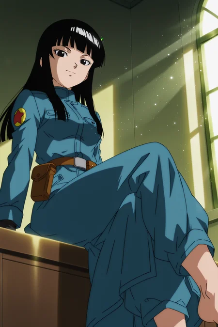 anime screencap, absurdres, high quality, official style,
future mai, long hair, black hair, black eyes, coat, military, military uniform, pouch, barefoot, black gloves, uniform, (from below), smile, sitting, looking at viewer, crossed legs, dappled sunlight, day, light rays, light particles,
<lora:Mai_IL:0.8>