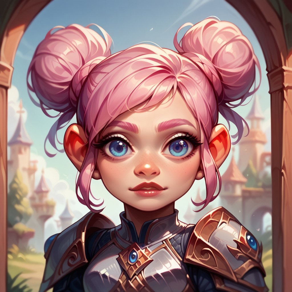 (((detailed, beautiful, high quality))), score_9, score_8_up, score_7_up, solo, upper body,
gnome, short stature, shortstack, big eyes, big ears,
1 girl, female focus, pink hair, 2bun hairstyle , blue eyes, silver armor,
looking at the viewer, posing,
fantasy background, blurred background,