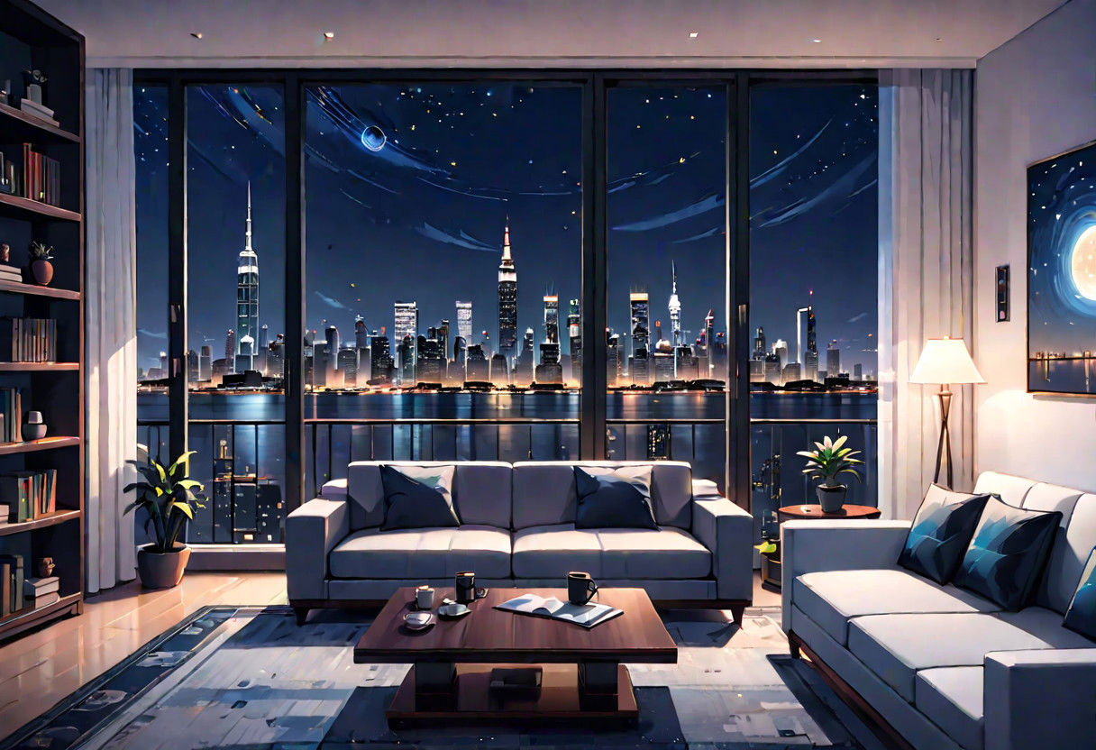 ((front view)), Shallow scene, (((animation style))), (night), modern-style interior, with white walls, (large windows), a  study, Sofa, coffee table, bookcase, single wall, ((dark room)), quiet and mysterious night sky,  city night view, (City high-rise building scenery), (City scenery outside the window), starry sky, moonlight,